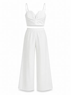 White Sweetheart Crop Top & Wide Leg Pants Set