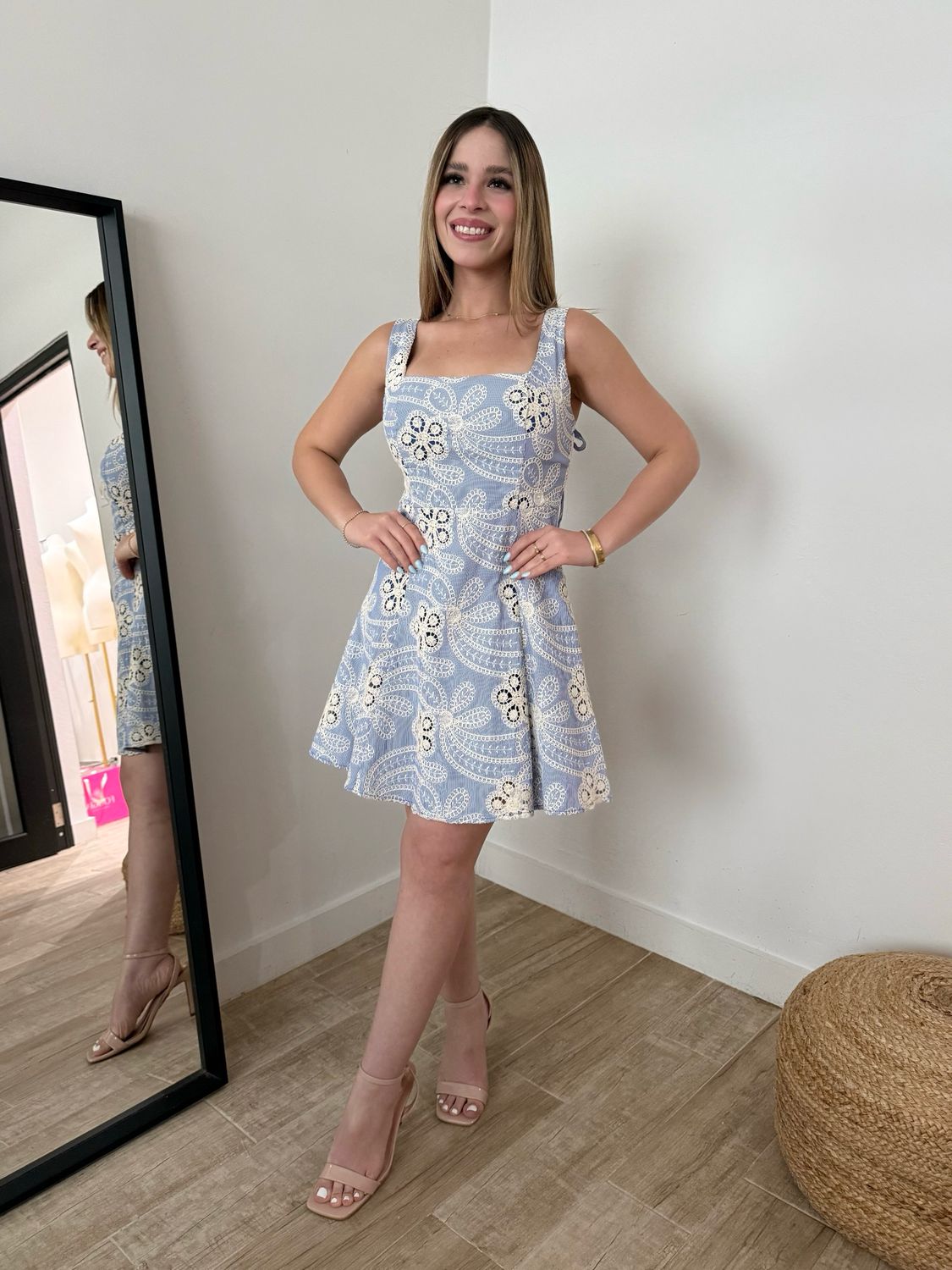 Blue & Ivory Embroidery Mini Dress