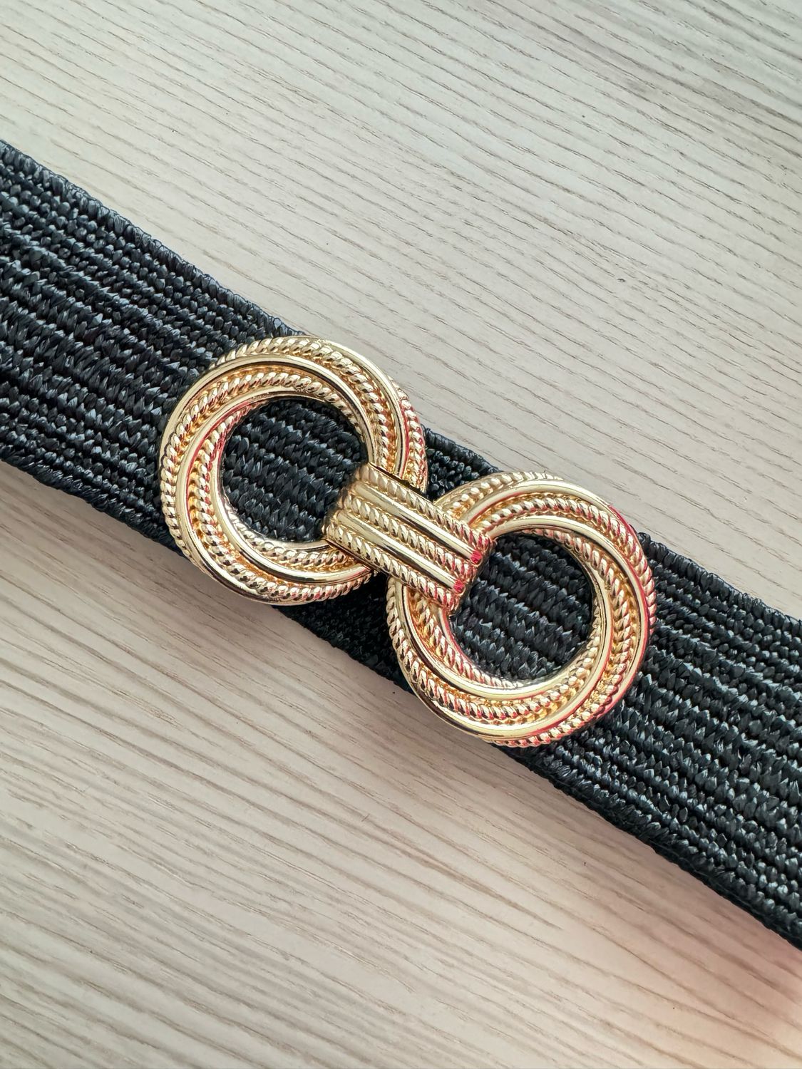 Black Elastic Belt with Gold Interlocking Rings