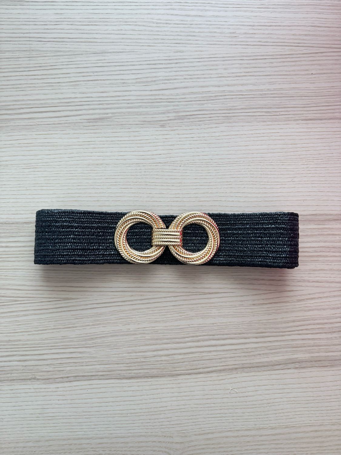 Black Elastic Belt with Gold Interlocking Rings