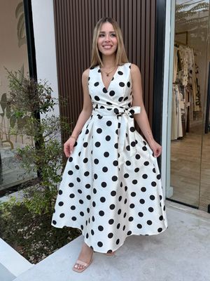 Elegant Ivory Polka Dots Midi Dress