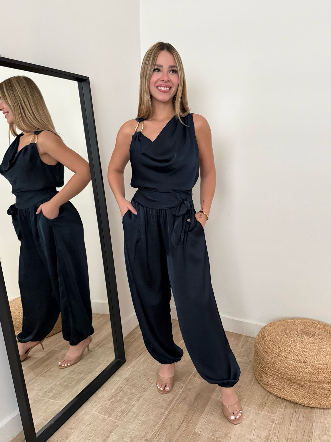 Navy Gold Detail Satin Top & Pant Set