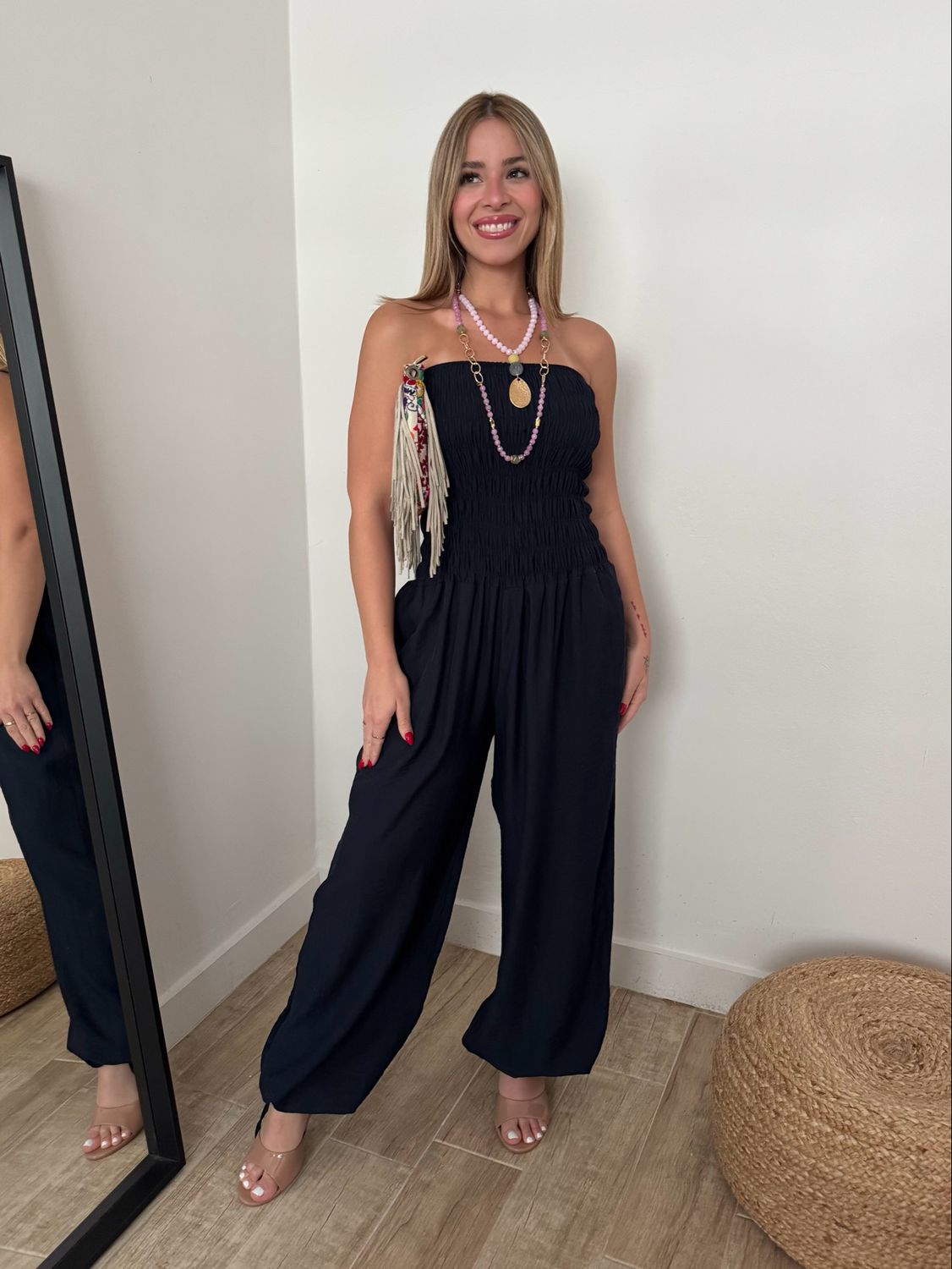 Navy Smocked Strapless Jumpsuit