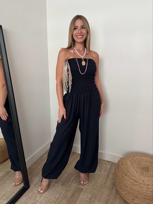 Navy Smocked Strapless Jumpsuit