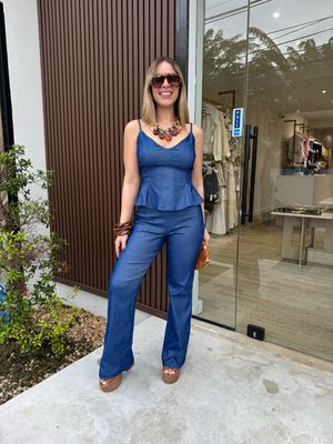 Spandex Denim Peplum Top & Pants Set