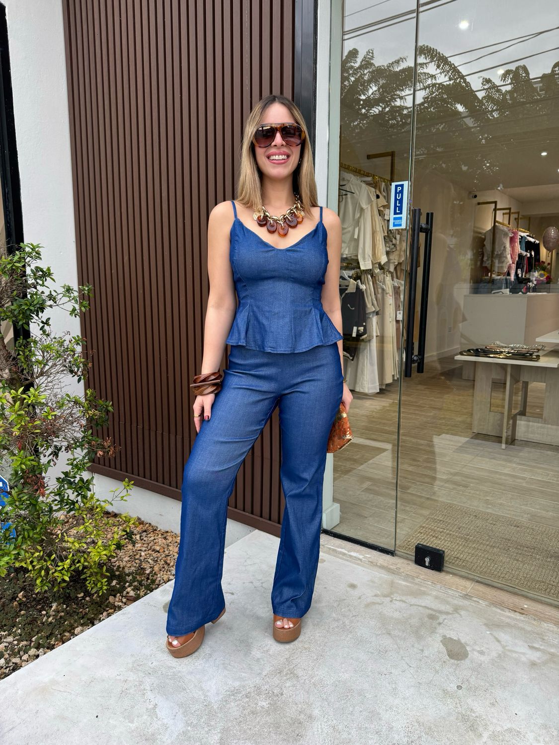 Spandex Denim Peplum Top & Pants Set