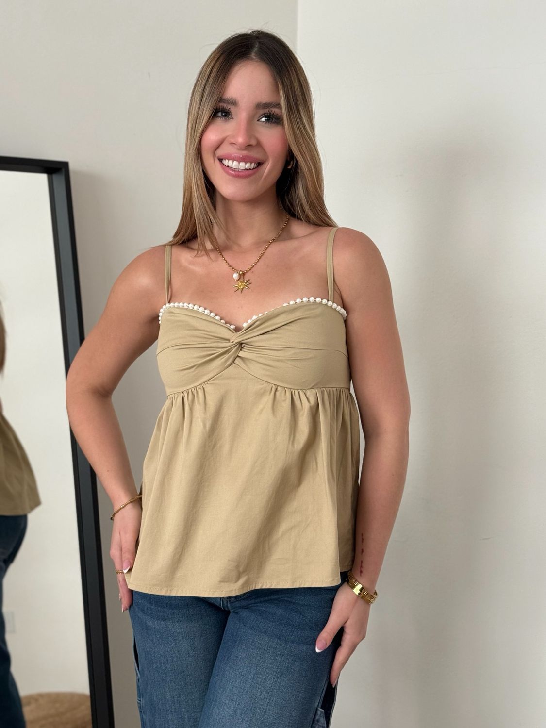 Latte Pearls Peplum Blouse