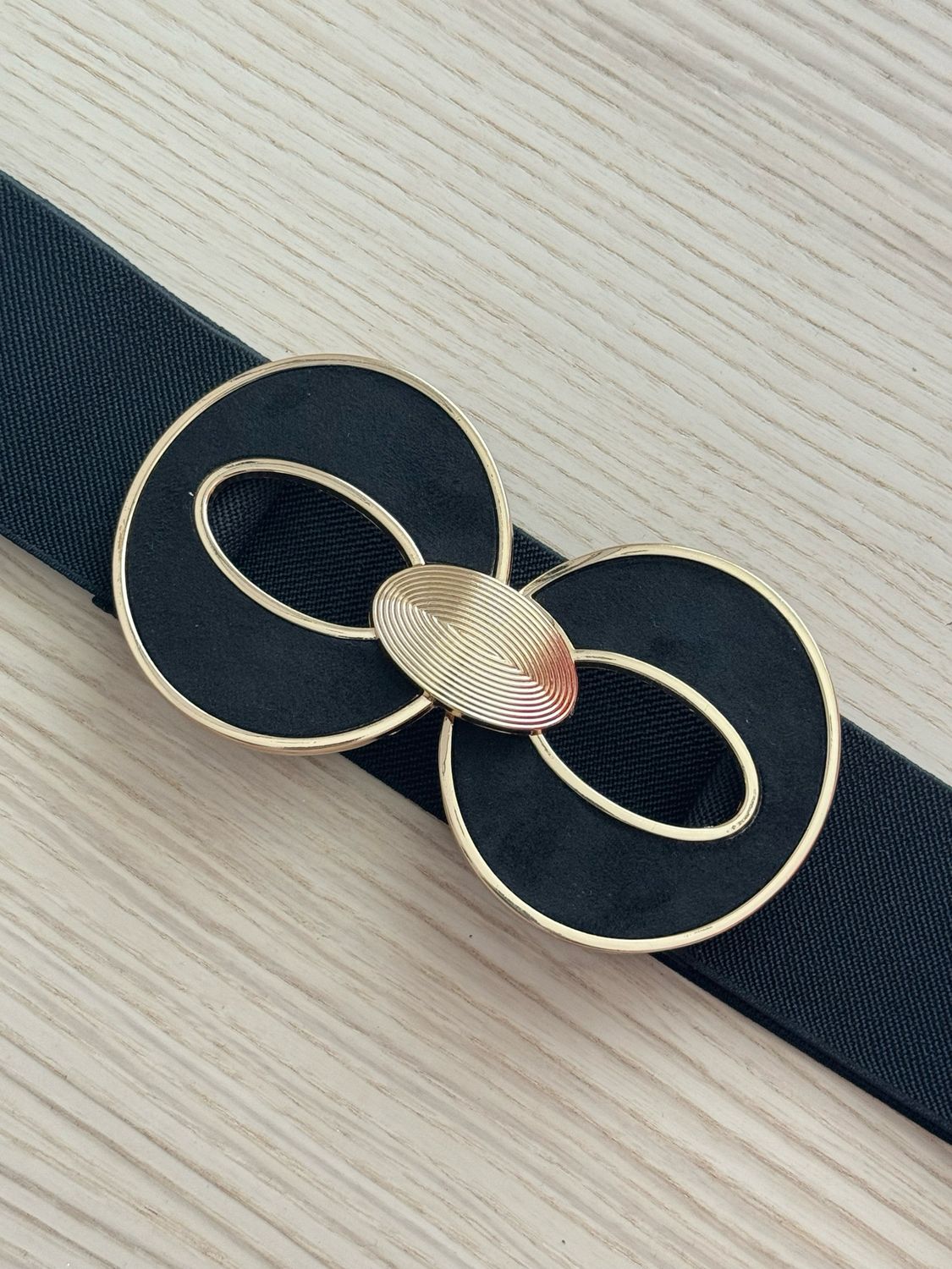 Black Elastic Belt with Double Gold Crystal Buckle