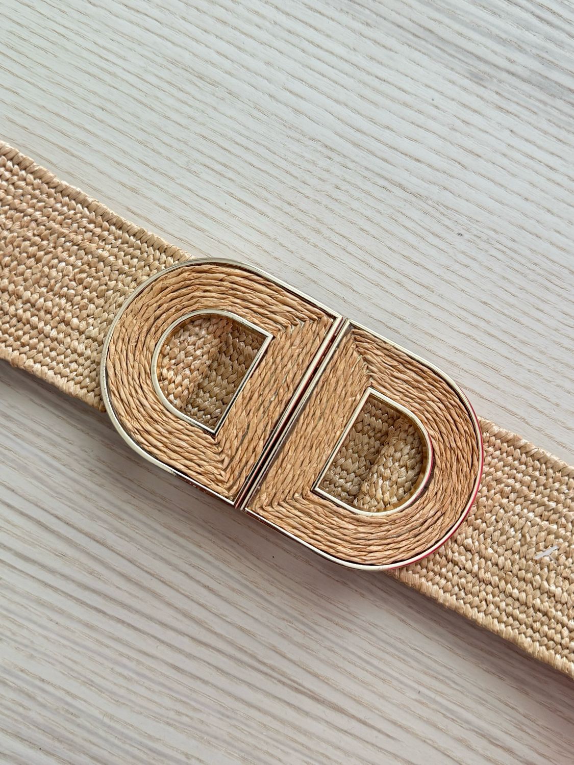 Straw Elastic Belt with Gold Double D Buckle