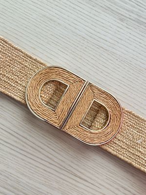 Straw Elastic Belt with Gold Double D Buckle