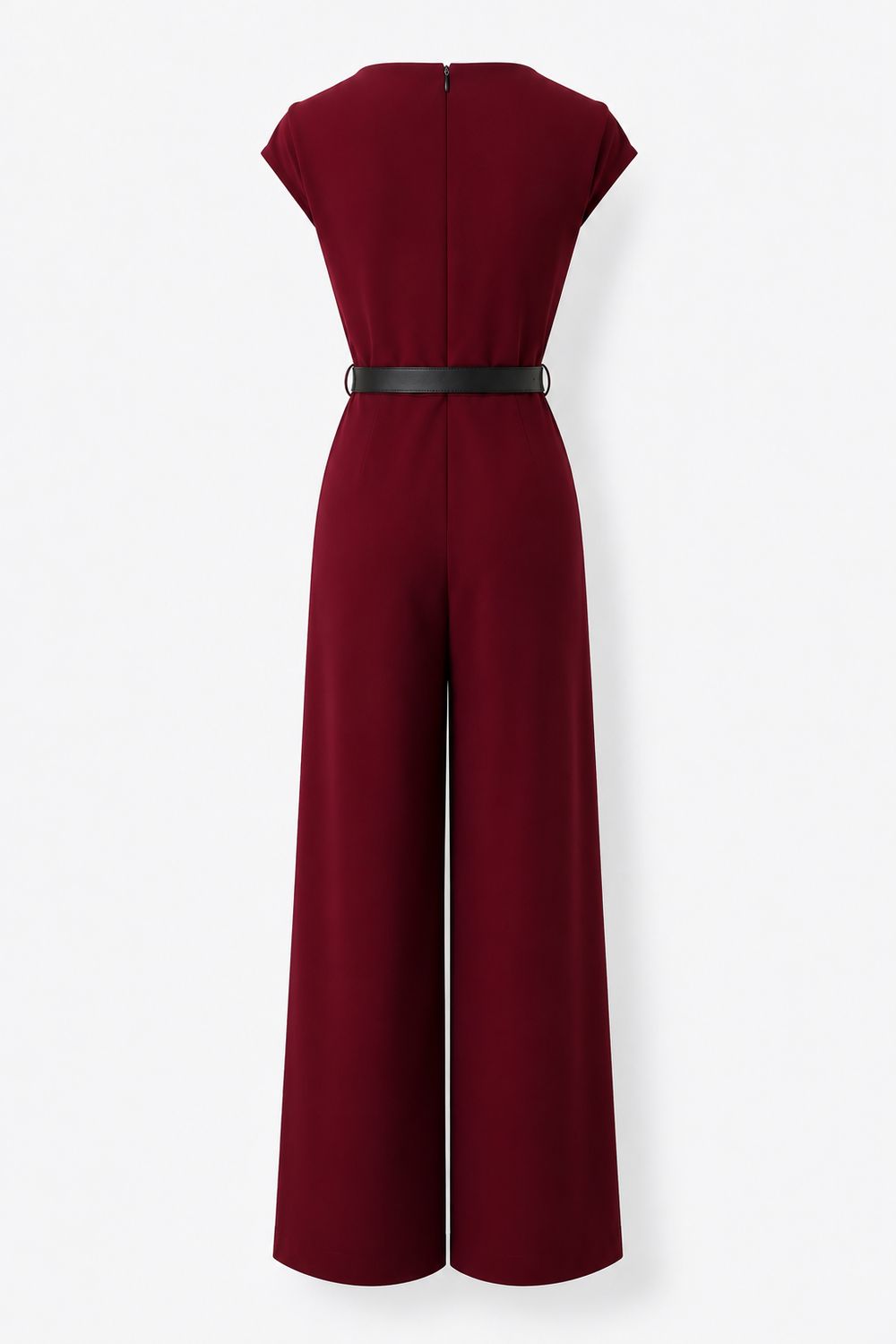 Burgundy Draped Neck Wide-Leg Jumpsuit with Belt