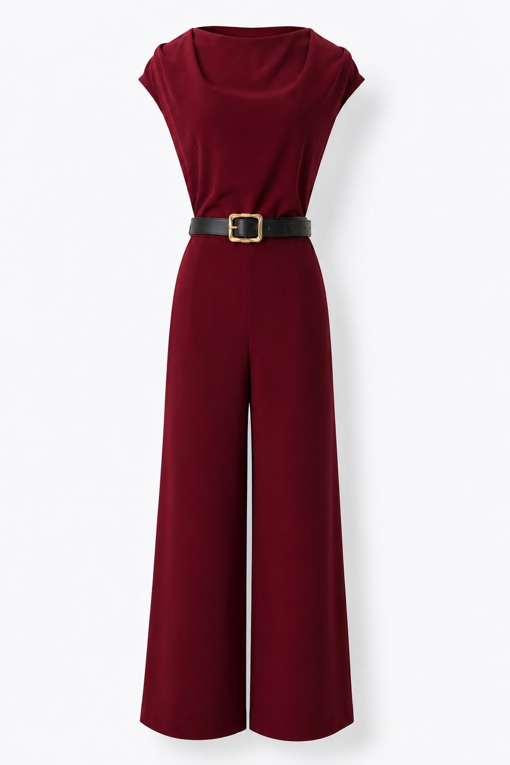Burgundy Draped Neck Wide-Leg Jumpsuit with Belt