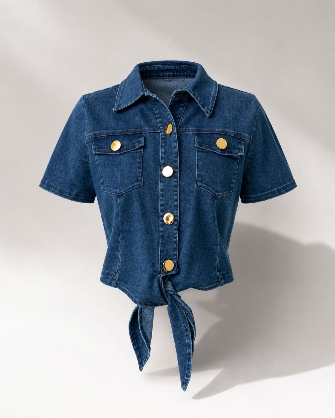 Denim Tie-Front Button-Up Crop Shirt