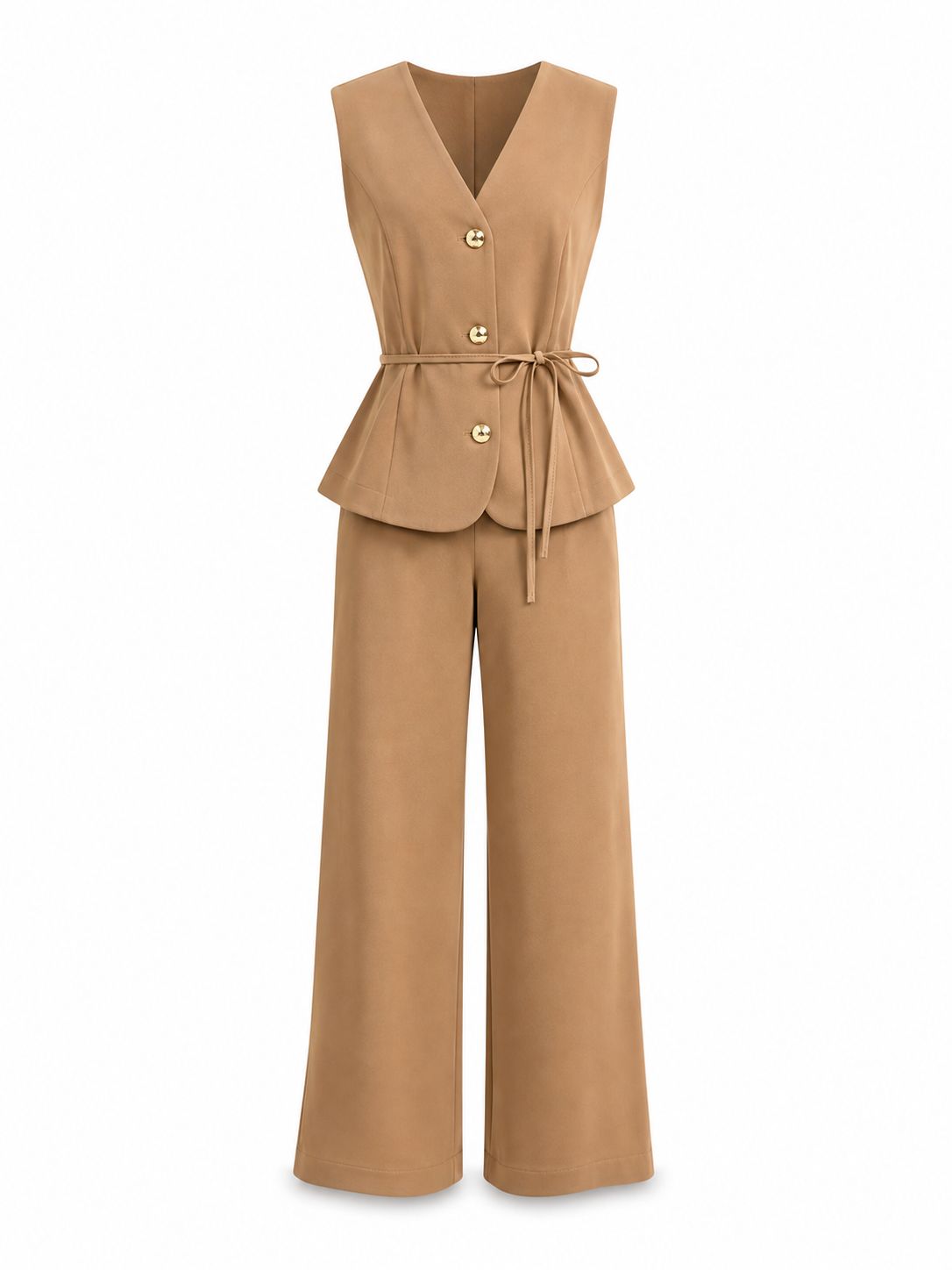 Camel Tailored Vest & Wide Leg Pant Set