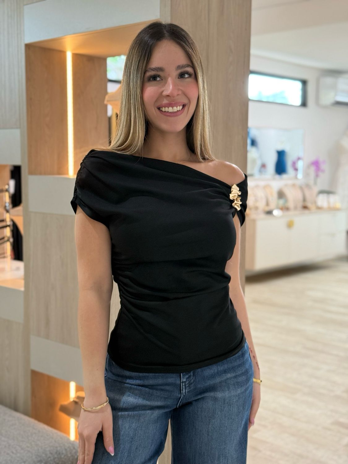 Black Off Shoulder Gold Detailed Top