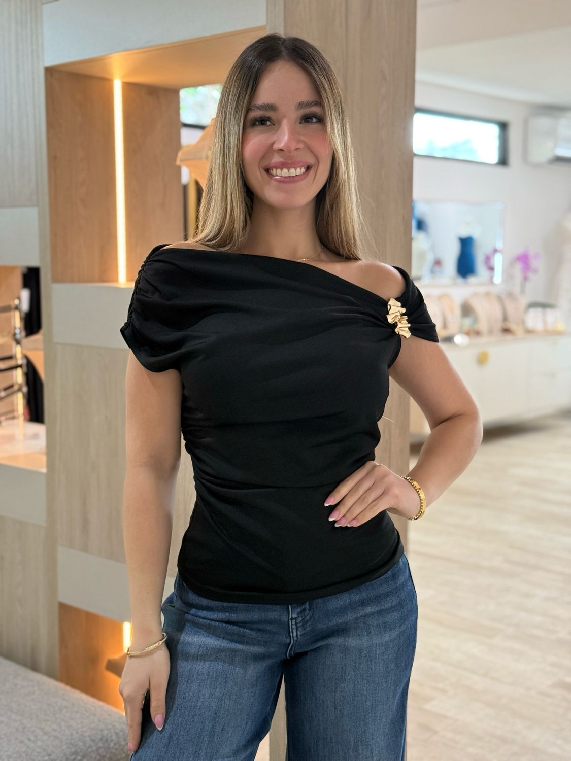 Black Off Shoulder Gold Detailed Top