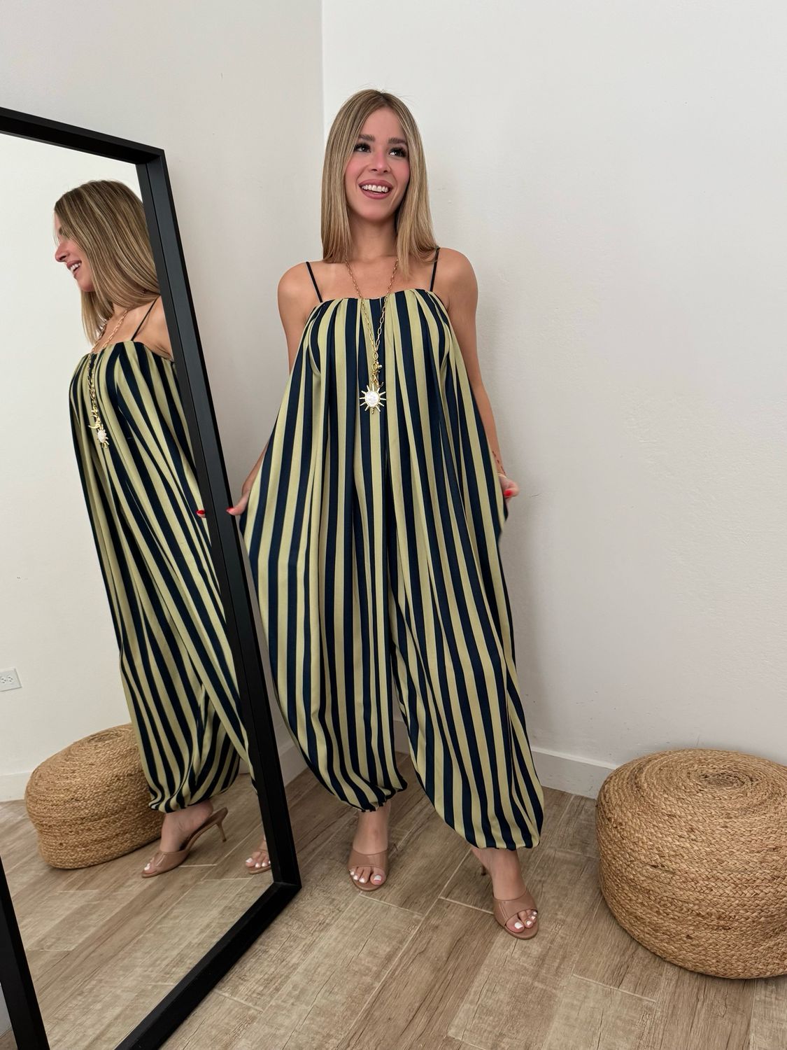 Olive Navy Ballon Stripes Jumpsuit