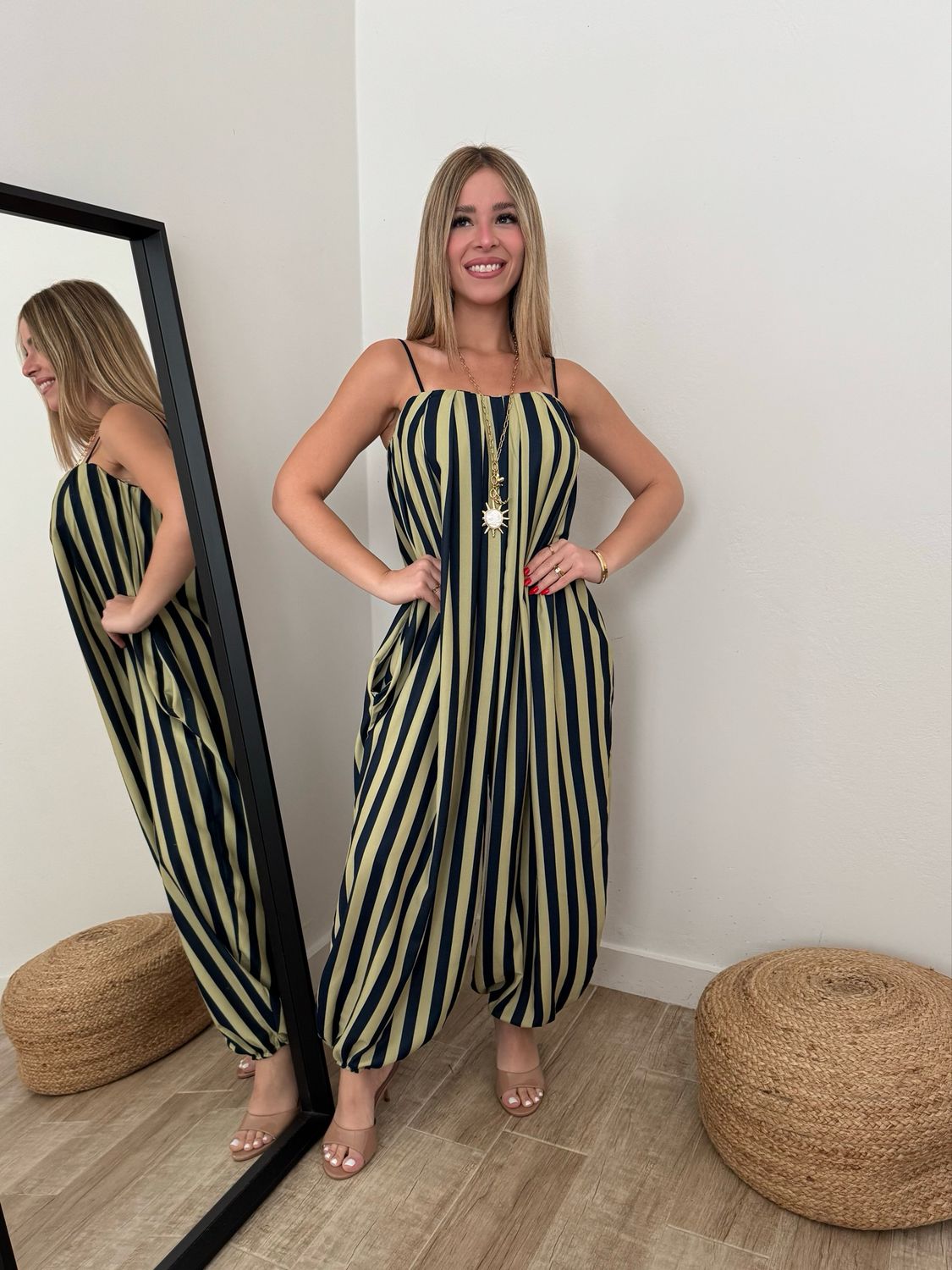 Olive Navy Ballon Stripes Jumpsuit