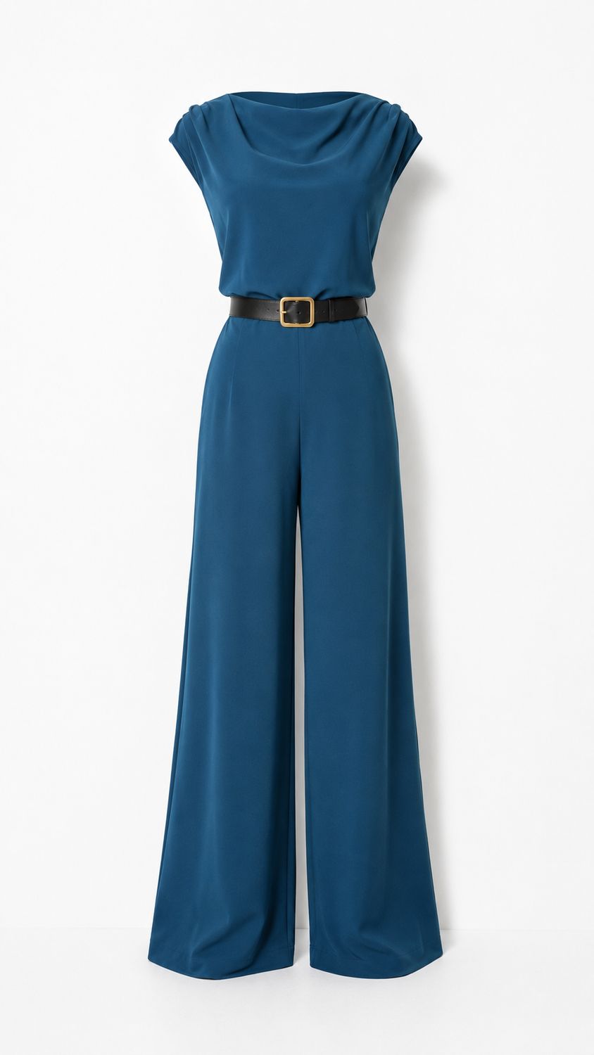 Teal Draped Neck Wide-Leg Jumpsuit with Belt