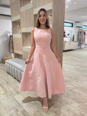 Light Pink Belted Midi Dress