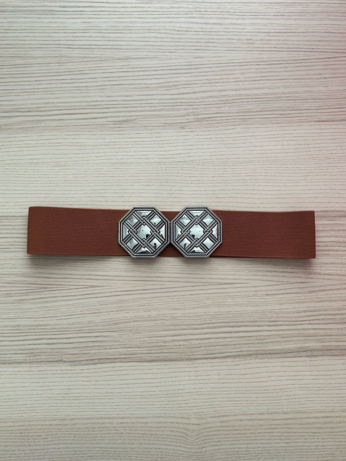 Camel Elastic Belt with Double Octagon Buckle