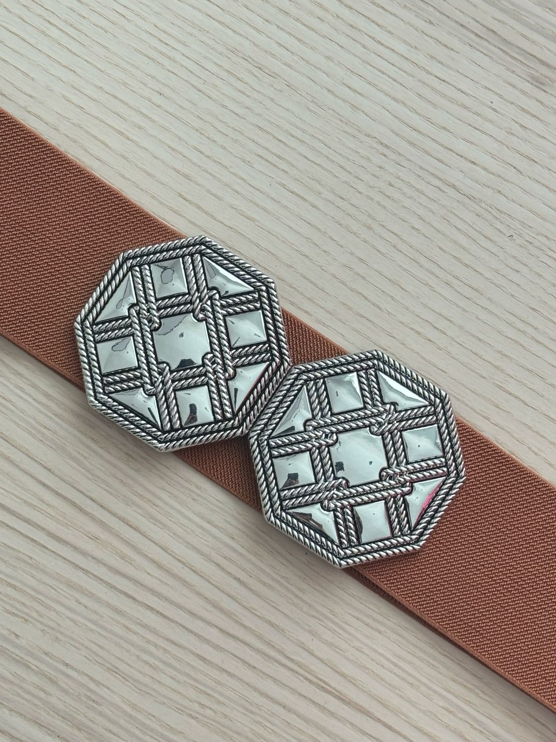 Camel Elastic Belt with Double Octagon Buckle