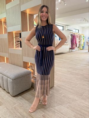 Navy & Beige Sweater Midi Dress