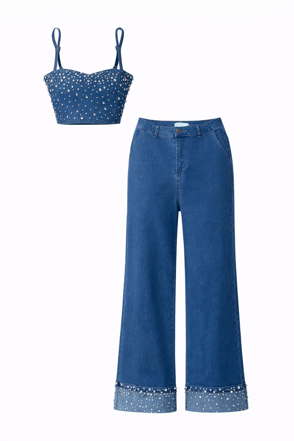 Rhinestones In Denim Top & Pant Set