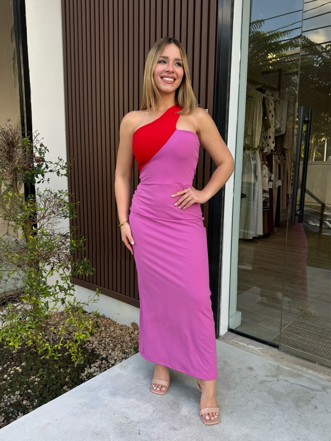 Color Block One Shoulder Bodycon Dress By Pía