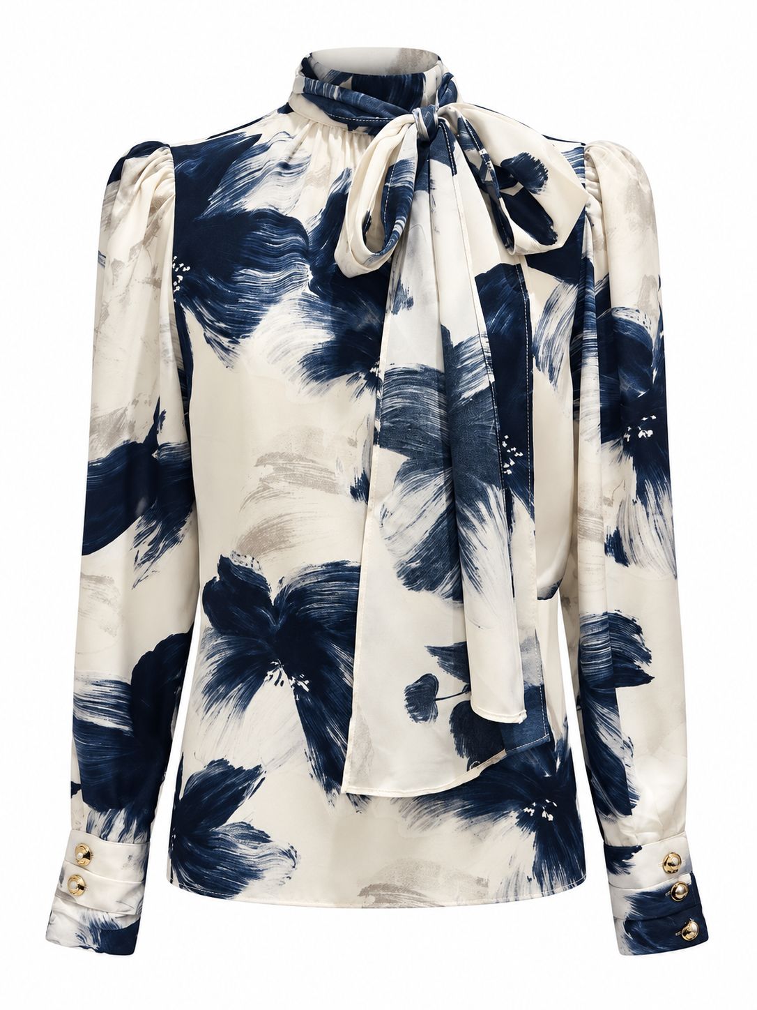 Navy Floral Bow-Neck Blouse