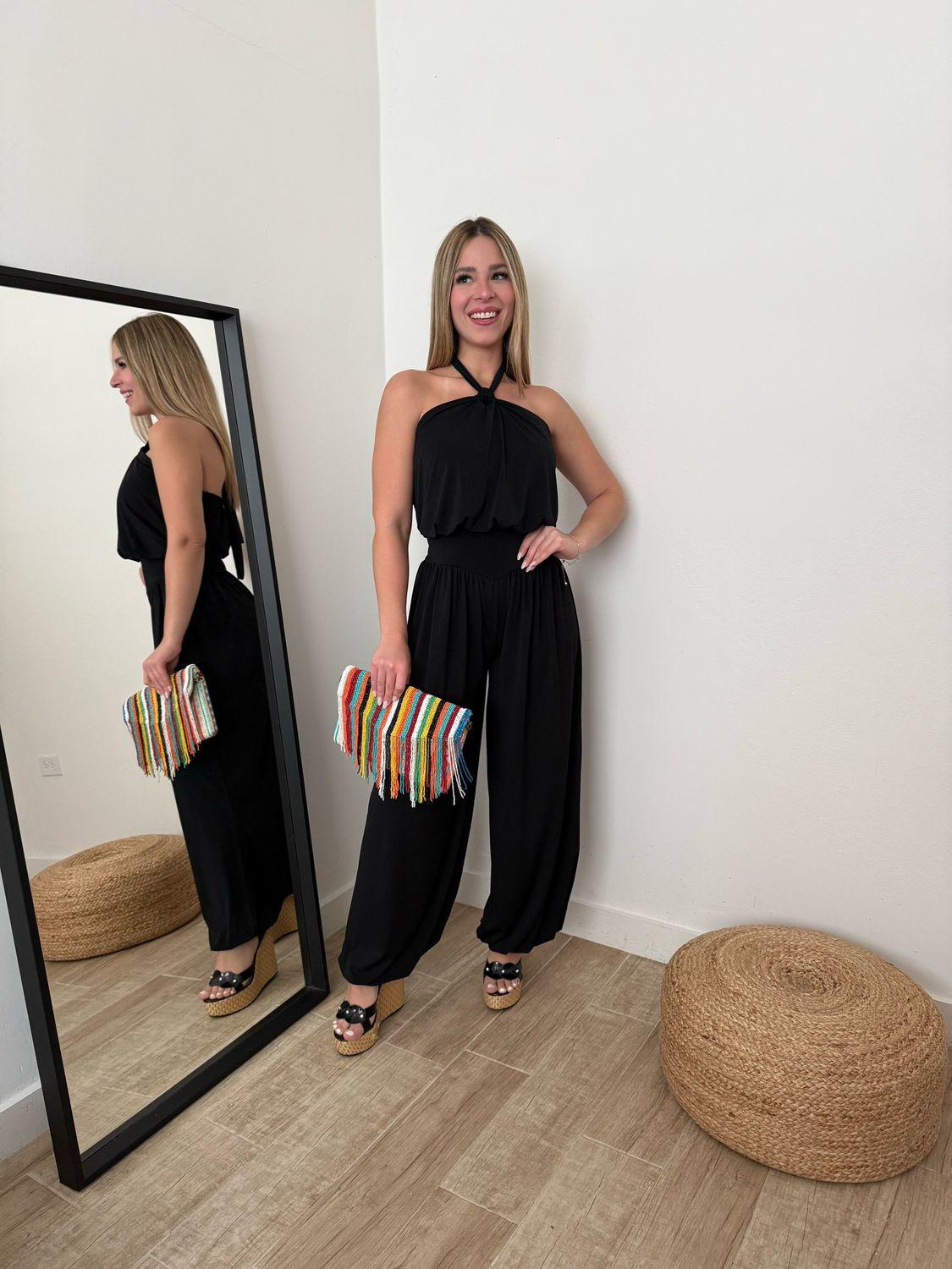 Black Halter Aladdin Draped Jumpsuit (One Size) Black Halter Aladdin Draped Jumpsuit (One Size)