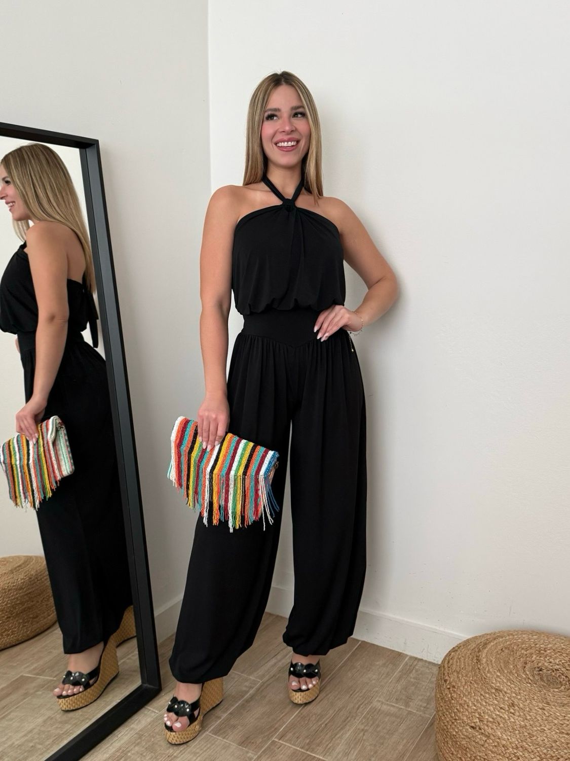 Black Halter Balloon Draped Jumpsuit (One Size)