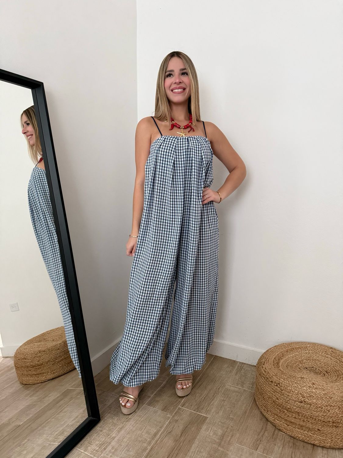 Blue Gingham Balloon Jumpsuit