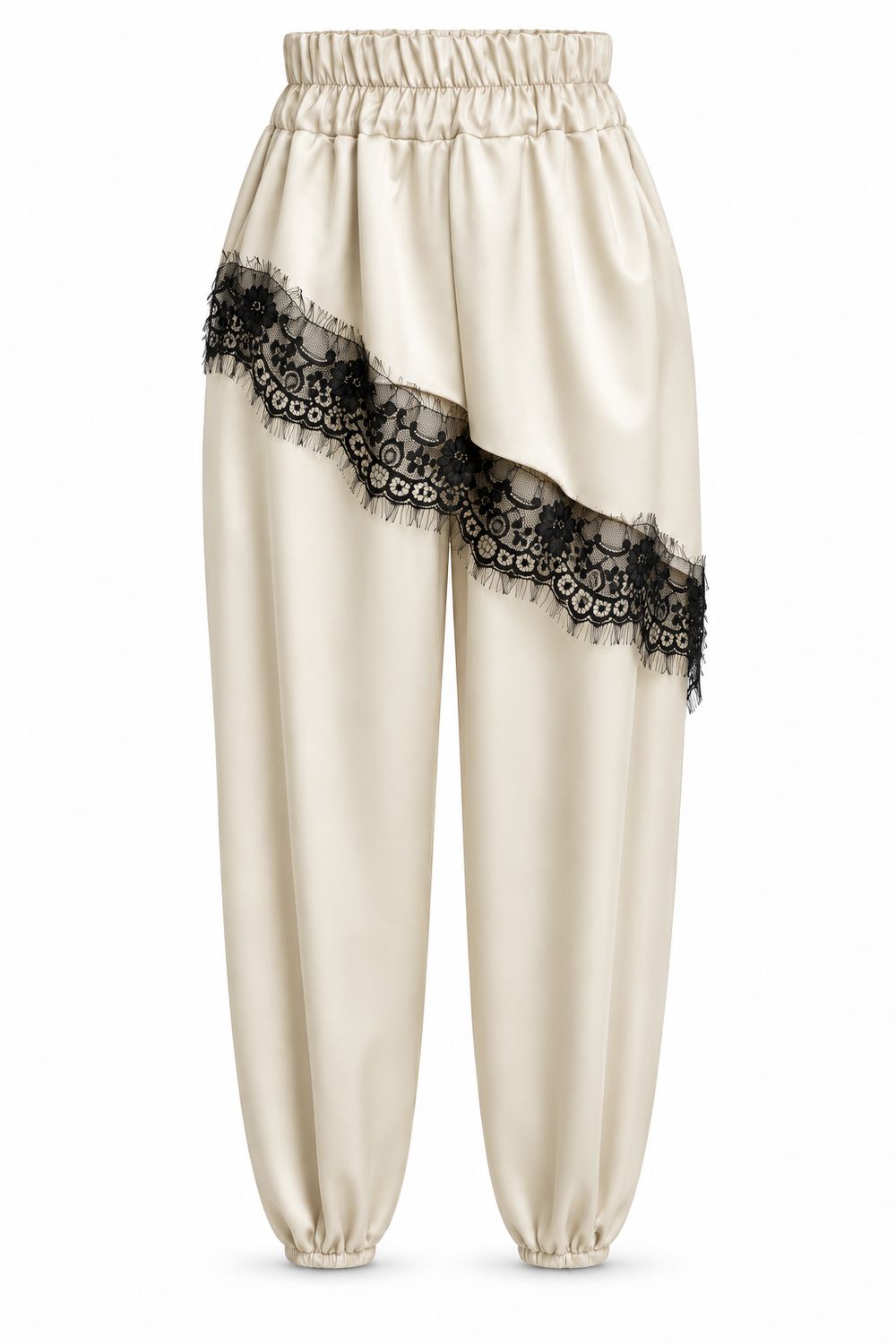 Black Lace Asymmetrical Satin Pants