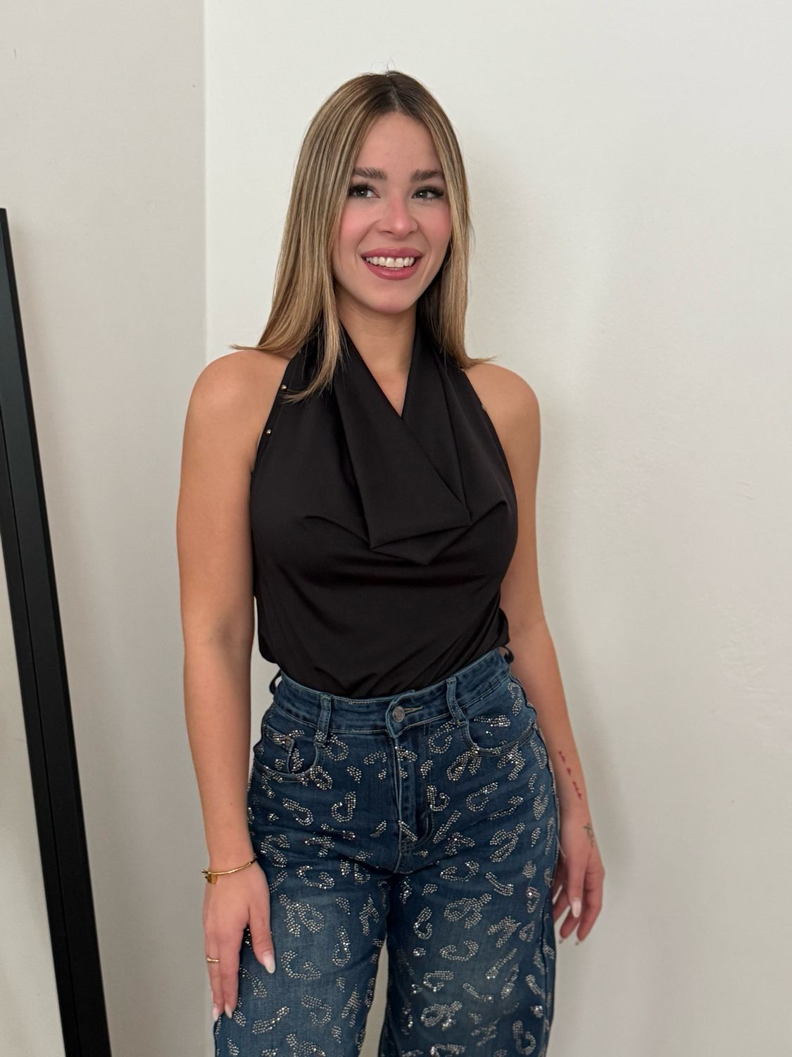 Black Studded Halter Top (One Size)