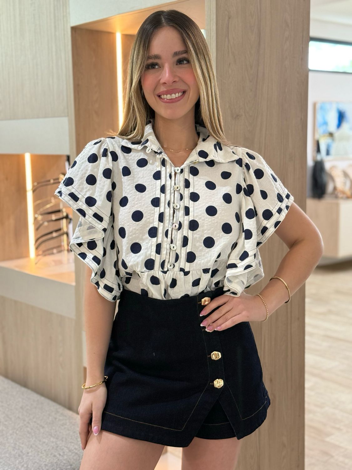 Navy Off White Polka Dots Blouse