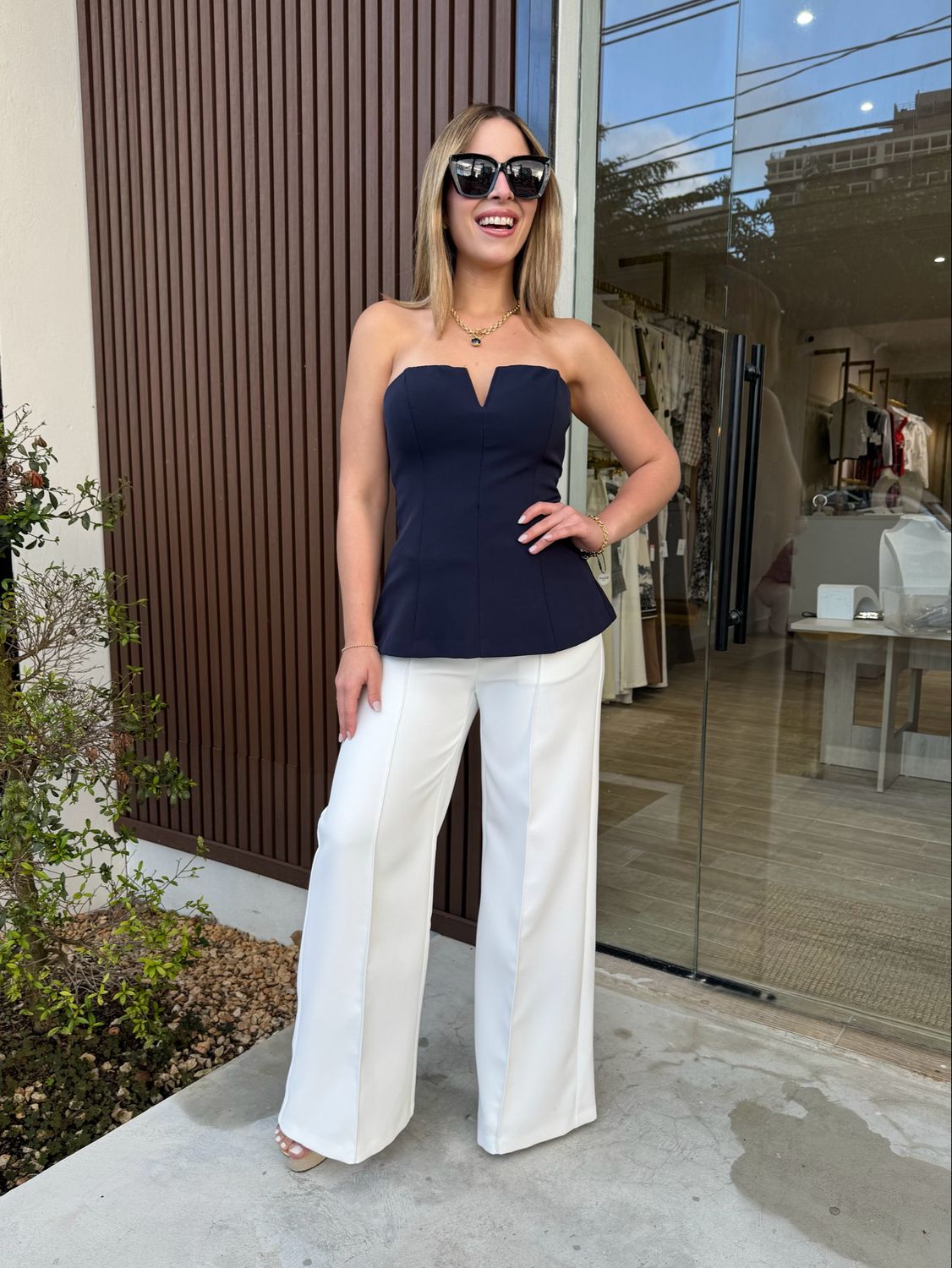 Navy Strapless Peplum