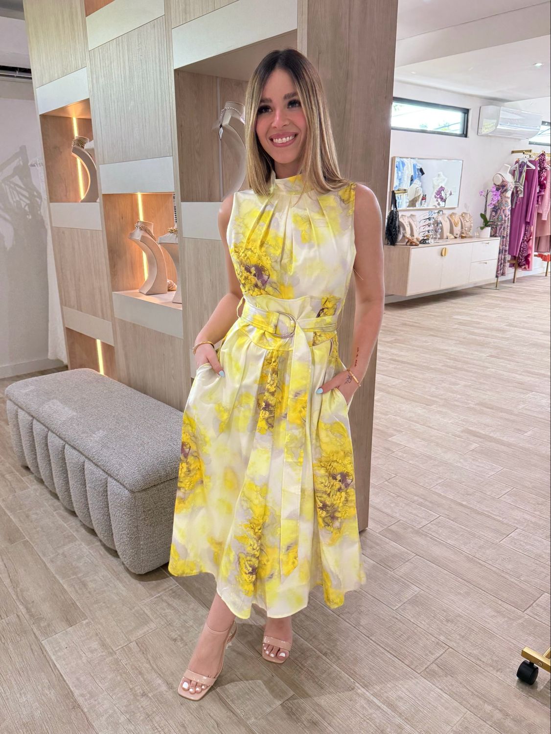 Yellow Abstract Midi Dress