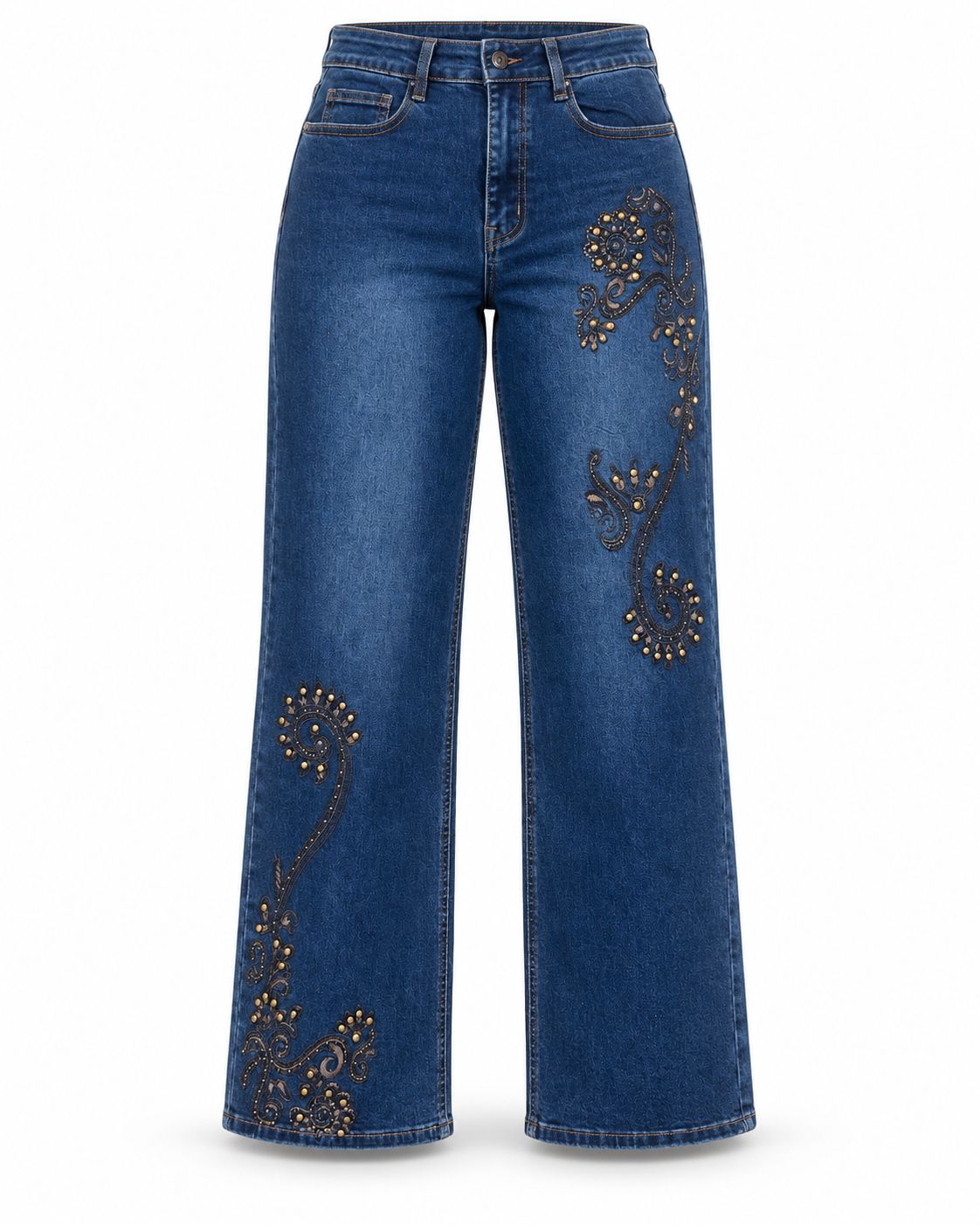 Gold Studs Embellished Dark-Wash Wide-Leg Jean