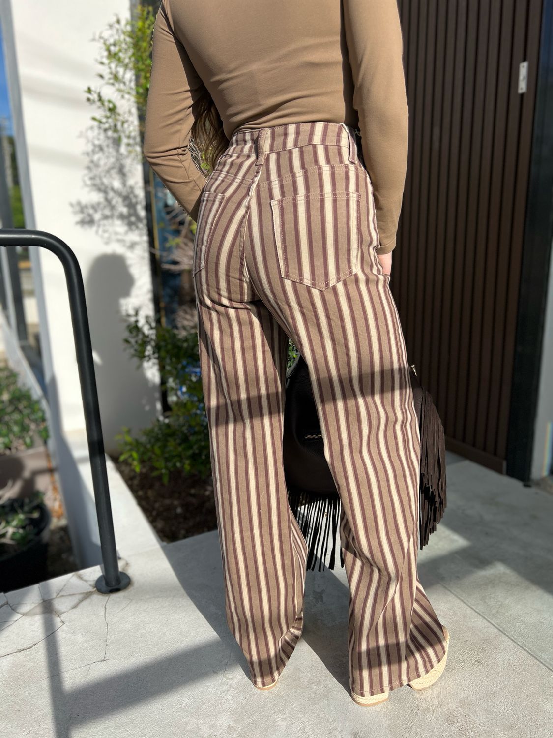 Taupe and Chocolate Striped Wide-Leg Jeans