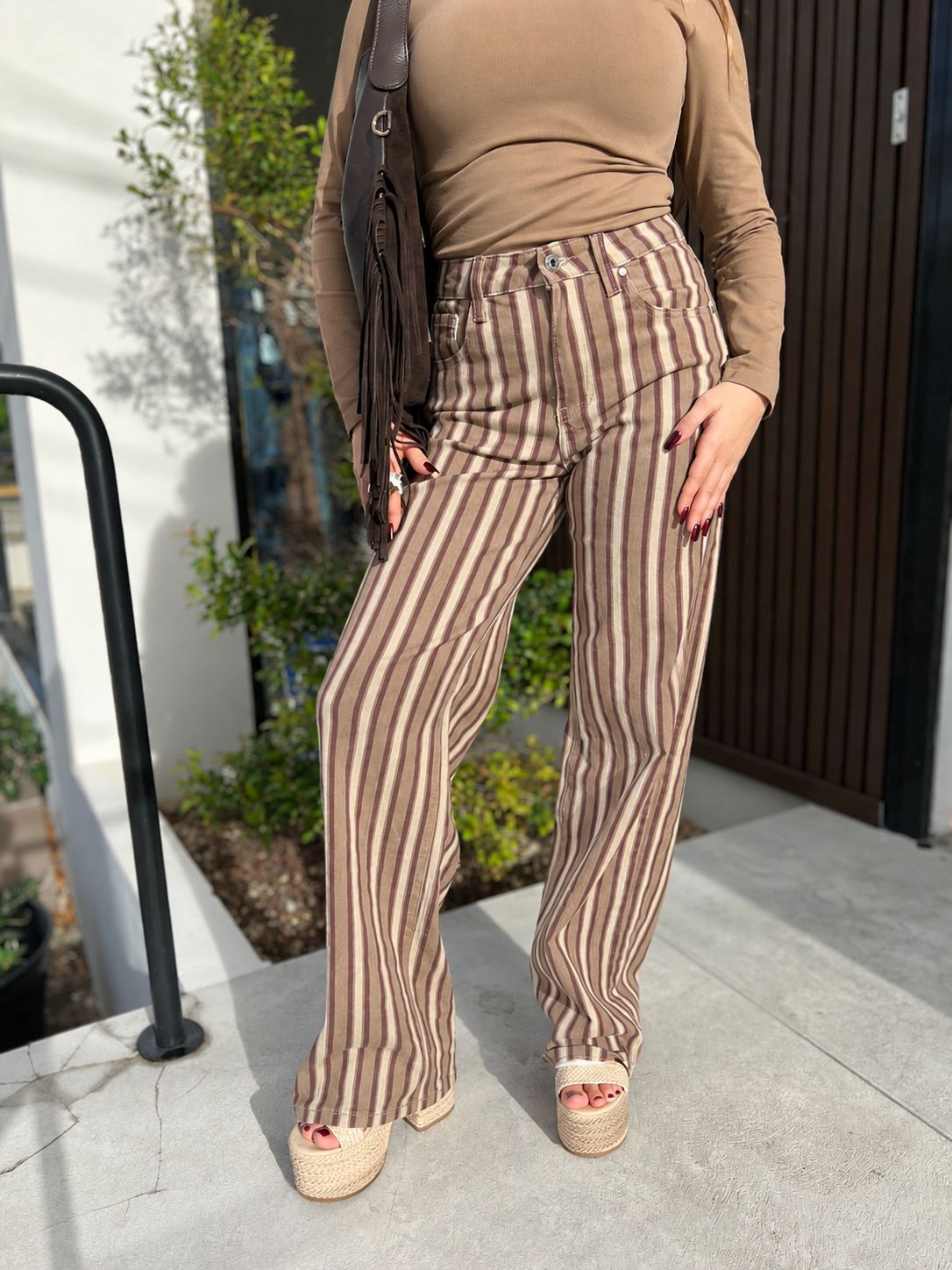 Taupe and Chocolate Striped Wide-Leg Jeans