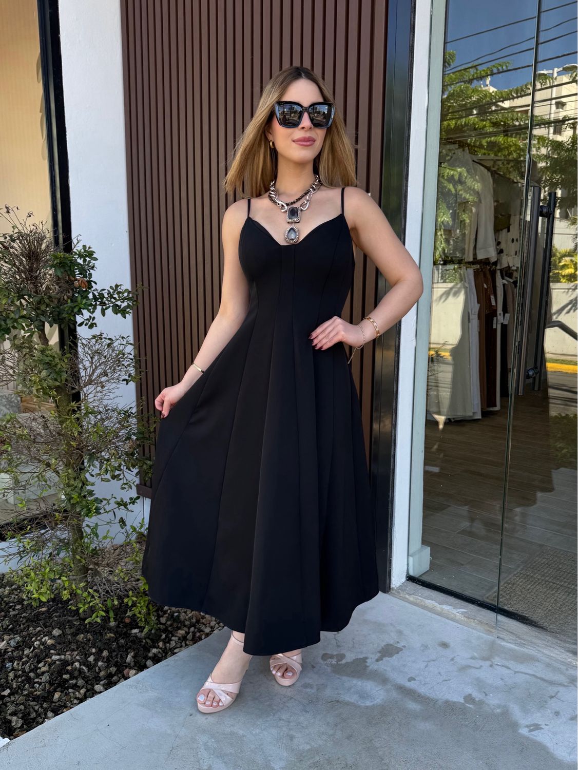 Black Fit & Flared Midi Dress