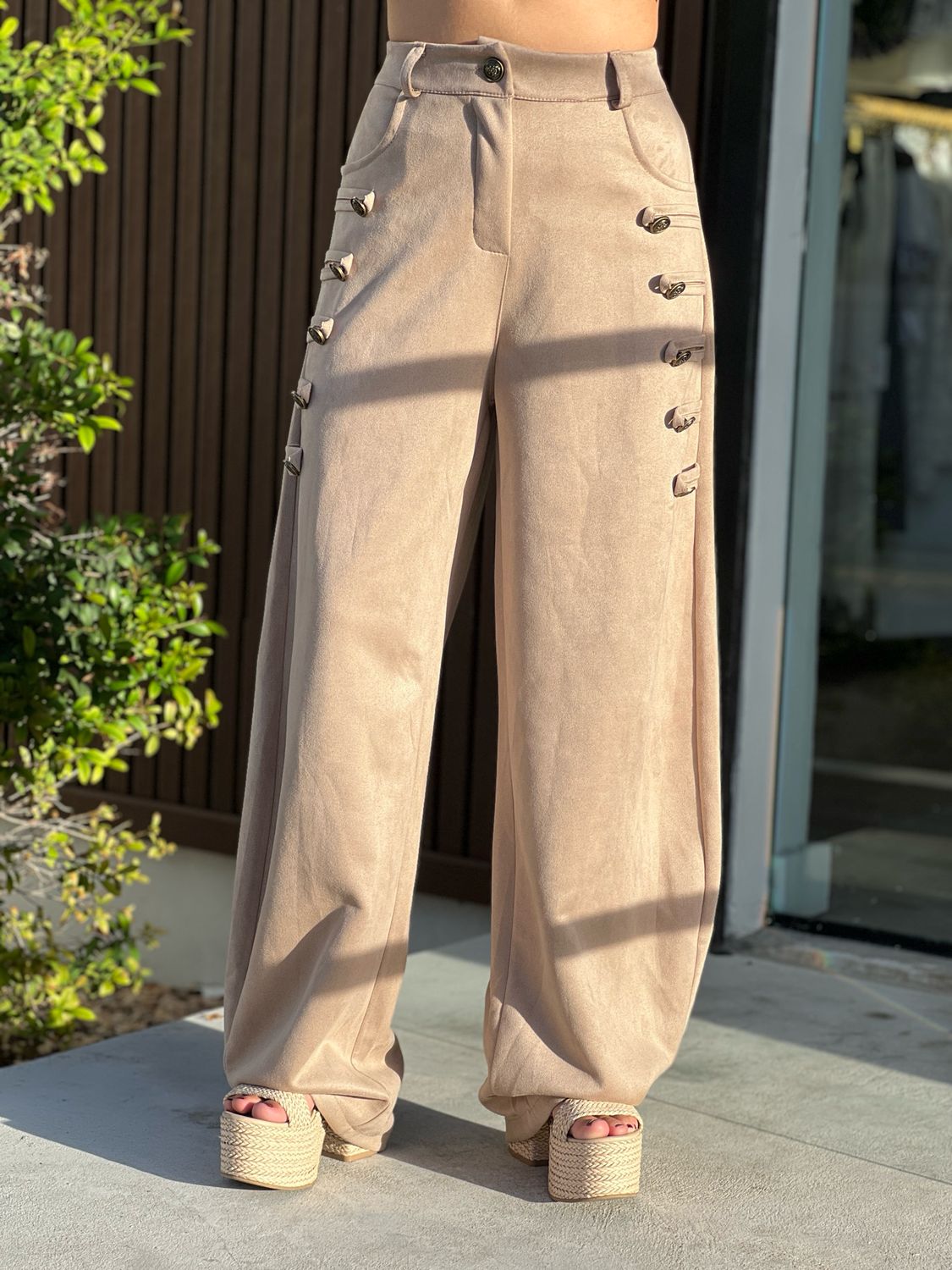 Beige Wide-Leg Pants with Side Button Details (One Size)