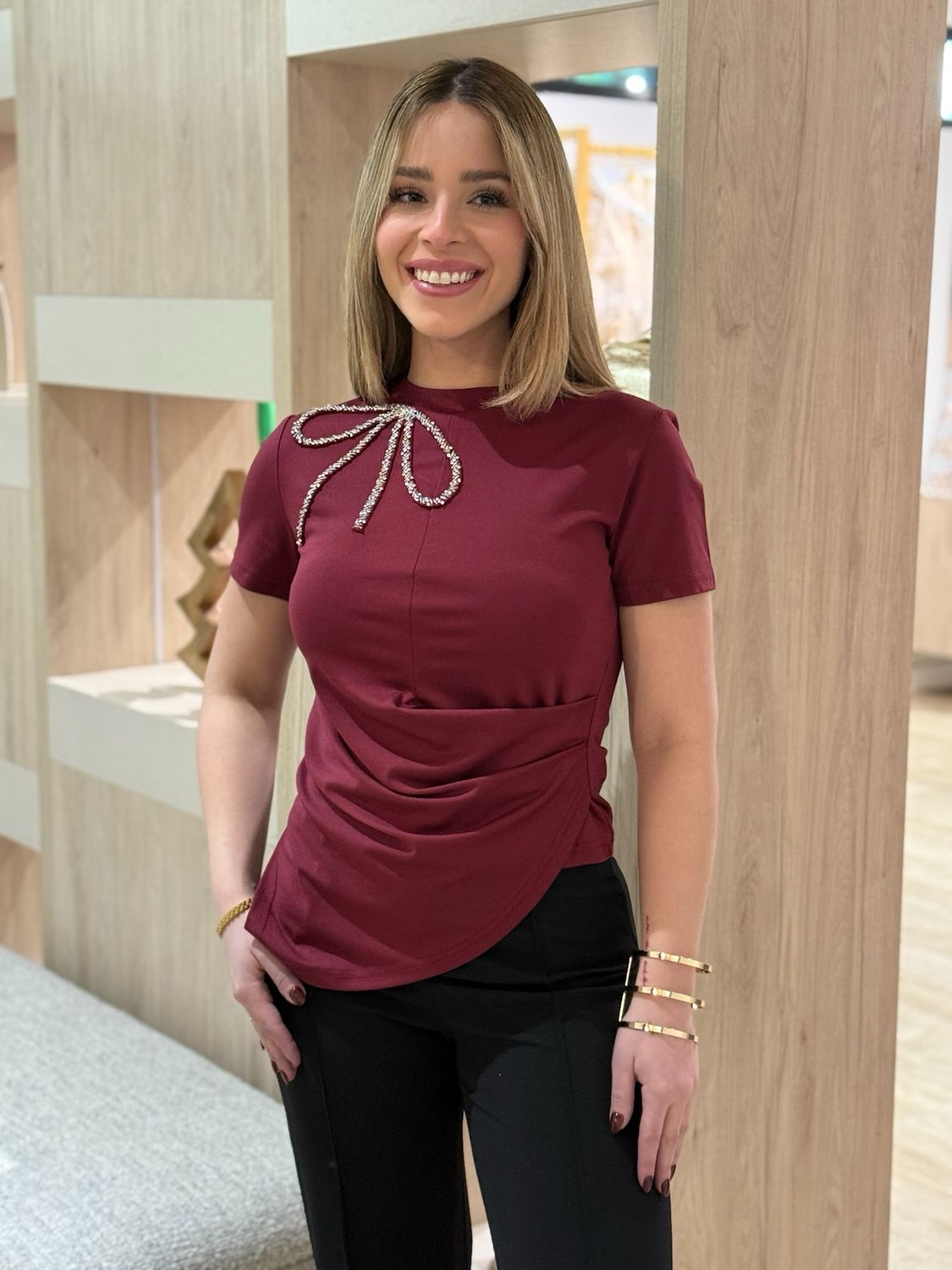 Burgundy Bow Assymetric Top