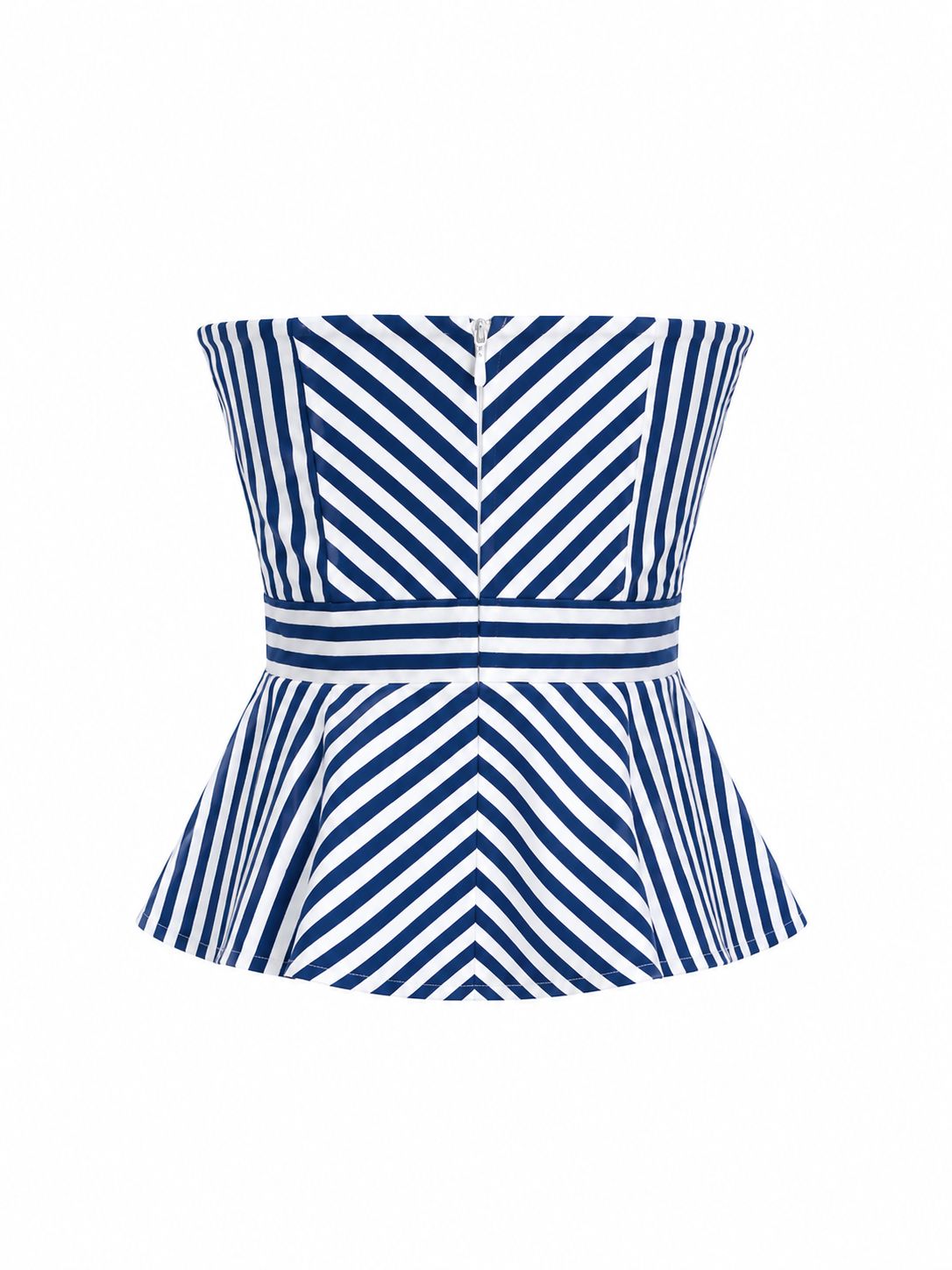 White Navy Stripe Strapless Peplum