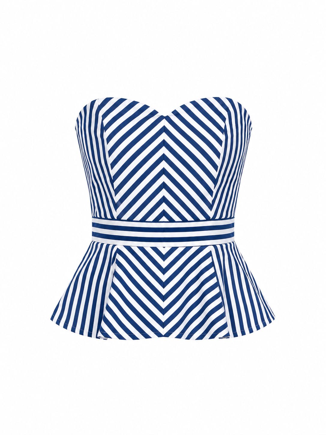 White Navy Stripe Strapless Peplum