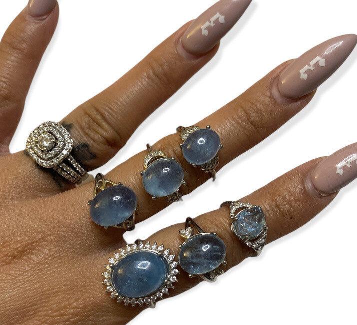 Aquamarine - Polished or Raw- Silver Alloy Adjustable Rings