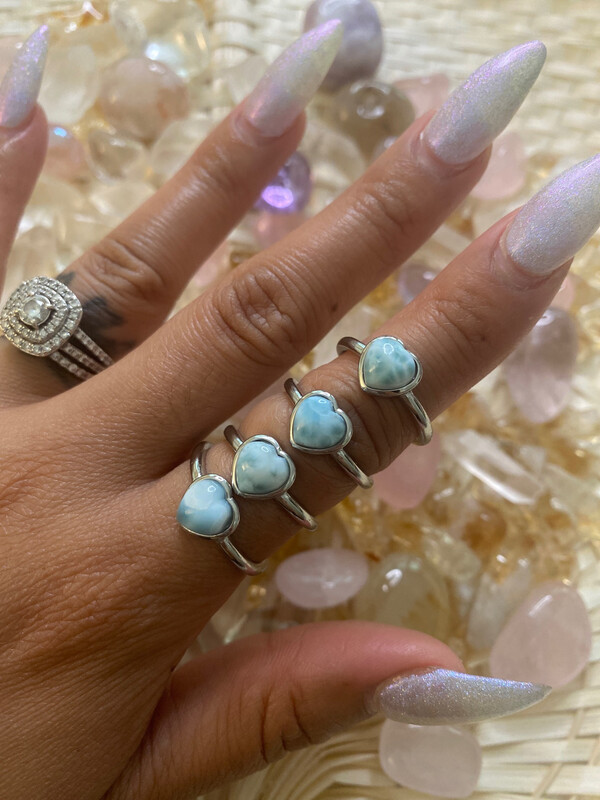 Larimar Heart Shape - Silver Alloy - Adjustable Rings