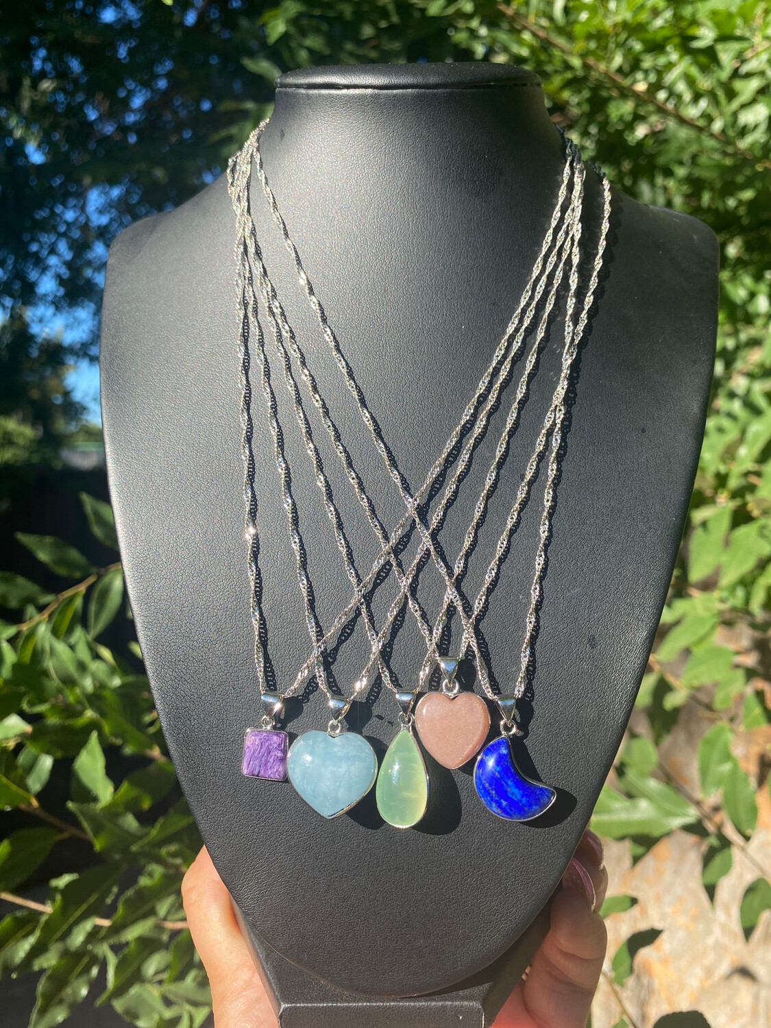 Natural Crystal (Charoite-Aquamarine-Peridot-Peach Moonstone Sunstone-Lapis Lazuli) Sterling Silver Pendant Necklace