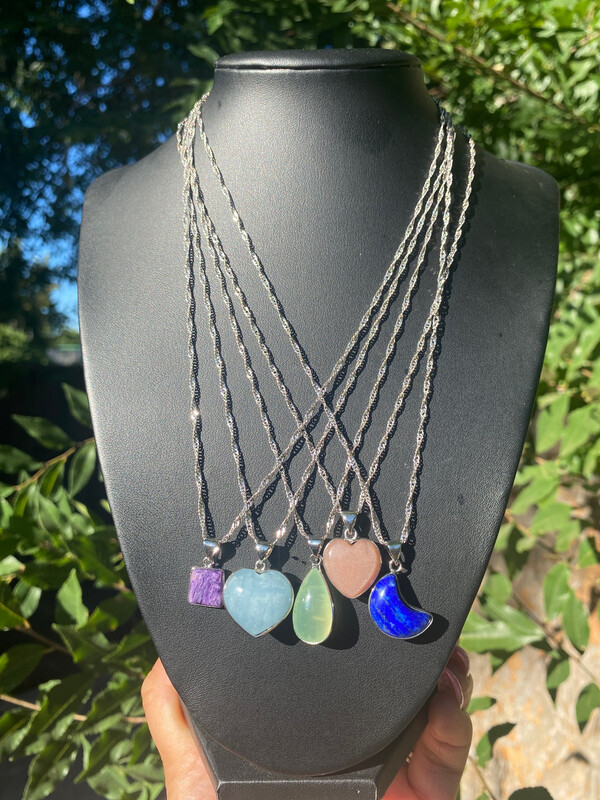 Natural Crystal (Charoite-Aquamarine-Peridot-Peach Moonstone Sunstone-Lapis Lazuli) Sterling Silver Pendant Necklace